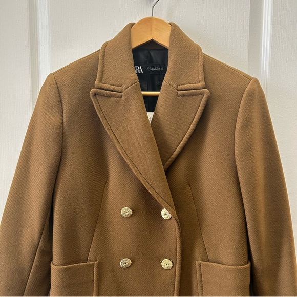 Zara Women's Coat Wool Blend Double-Breasted Tailored Toffee Brown Small NWT - Picture 8 of 14